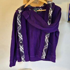 LRL Lauren Jeans Co. Size L Snap Button Hoodie Jacket Purple Plaid Accents